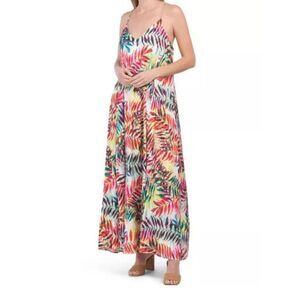 Nicole Miller Sleeveless Charmeuse Maxi Dress Multi Color Palm Print Size L